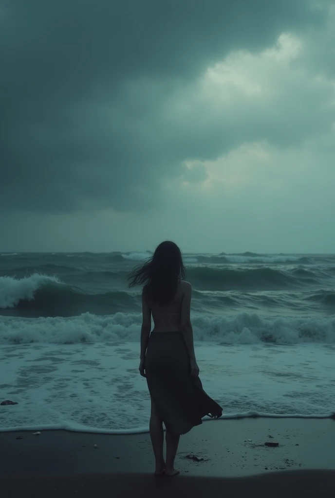 

A solitary girl stands on a windswept beach, gazing out at a vast, tumultuous sea under a brooding sky. Her silhouette is framed by the stormy waves crashing around her feet, symbolizing the relentless challenges she has faced. The sea, dark and mysterious, calls to her, echoing the allure of the love she has always avoided. Her expression is a mixture of resignation and longing, as if she's caught between her past and the uncertain future. The scene captures the tension between her desire for connection and the isolation she's embraced, with a focus on the raw, emotional landscape of her journey.