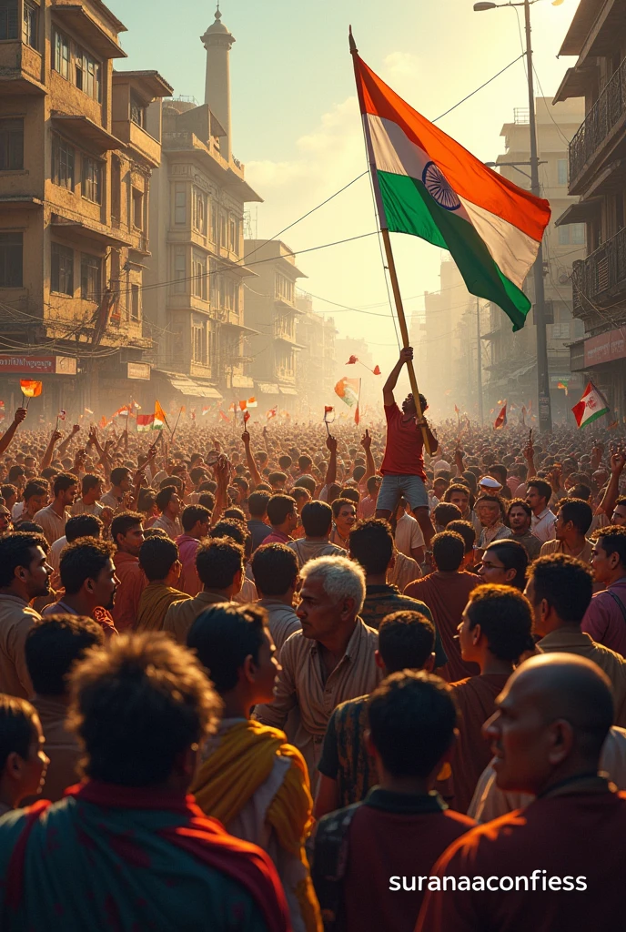 Create a environment for Indian independence and write a text on bottom right with "suranaaconfess"