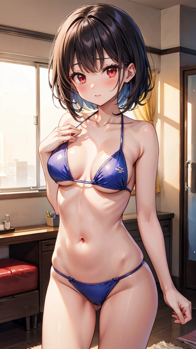 erotic, beautiful girl, Medium chest, thin, Swimsuit, Black short hair, Red eyes, Love hotel room