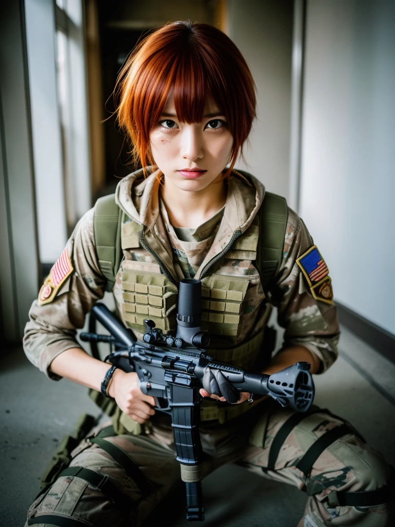 (masterpiece, ultra-detailed, ultra-realistic, best quality, clear focus, photorealistic), (ultra-high resolution, 8k:1.3), cinematic color-grading film, dramatic scenes, shadow, global-illumination, perfect ???????, perfect face, (detailed face, detailed eye:1.3), (20 years old Japanese punk rock girl:1.2), (red hair:1.3), (experienced soldier:1.2), professional light, (cute but boyish cool Japanese face:1.3), (Fully equipped for battle:1.3), (holding m4a1 large assault rifle:1.4), (painful expressions:1.4), (afraid:1.4), (crying:1.3), (wearing a styled soldier's outfits made of leather:1.2), slim waist, (sitting in the abandoned building at night:1.3), military helmet, very large breasts, tactical vest, military harness, face focus,