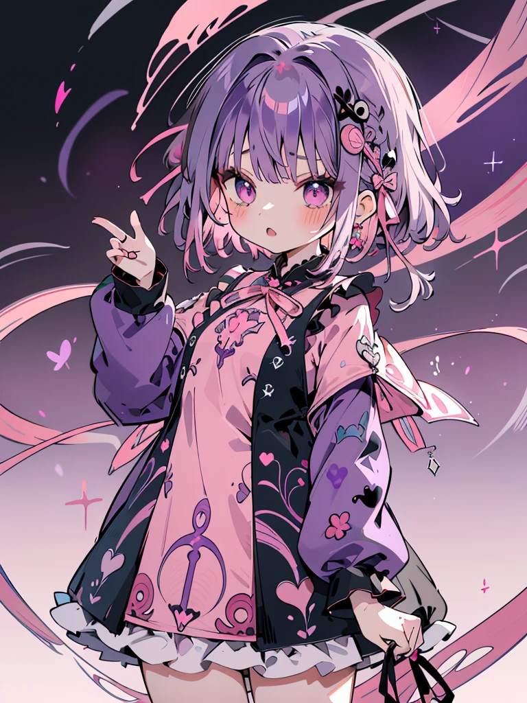 absurderes, hight resolution, (Anime style:1.1), ((masutepiece)), ((Best Quality)), (Ultra-detailed), (Beautiful),Beautiful face、(liftup),Long、azhiichigo style,Big eyes, dense lines, mixing pattern,Cute,1. goth, Pattern Expansion、Light purple hair、Cute Ribbon、purple one piece clothes、a purple eye、Background Simple、background grey、(((((1girl in、purple mine suit、Cute dress、dress with a big pink ribbon、dress with pink ribbon)))))(The upper part of the body、(((((One girl )))))、((((Lori、youngest son))))、Gosic、{{{{{gotik、The upper part of the body}}}}}{{{{{{{{{{The upper part of the body}}}}}}}}}}{{{magia}}}, ({{{{{Background Simple、fluffy hair}}}}})medium format film camera, Naturally blurred background,