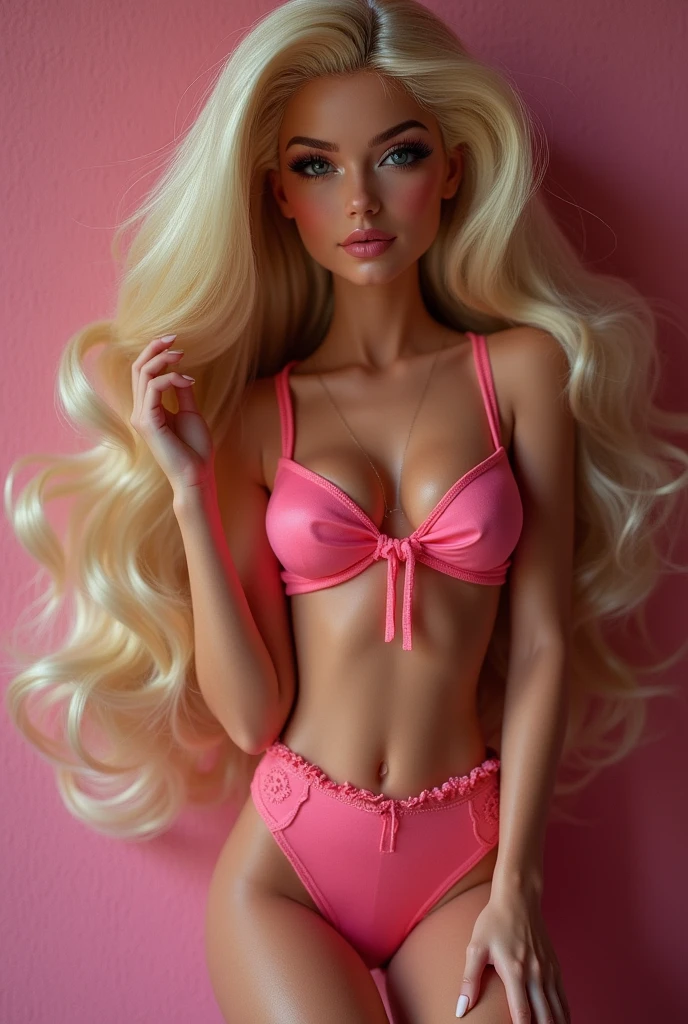 Candice Swanepoel, white shiny skin, skinny body, long platinum blonde wavy messy hair, in bed, ((front view, top view, laying down in bed, legs spread, pink silk bra, pink silk panties)), (((masterpiece, detailed light blue eyes, huge breasts, arms up))).