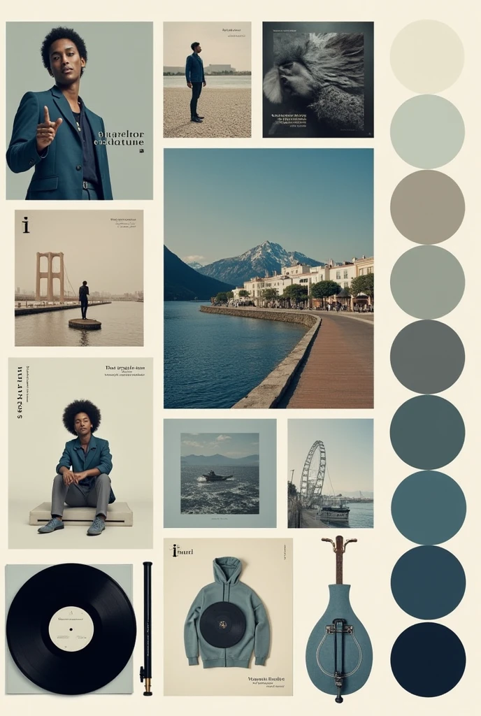 you can generate a moodboard of music in general it can be album covers, Artists, instruments etc.. that is something of cool tones and that has the color palette, that looks organized and elegant but at the same time somewhat under 