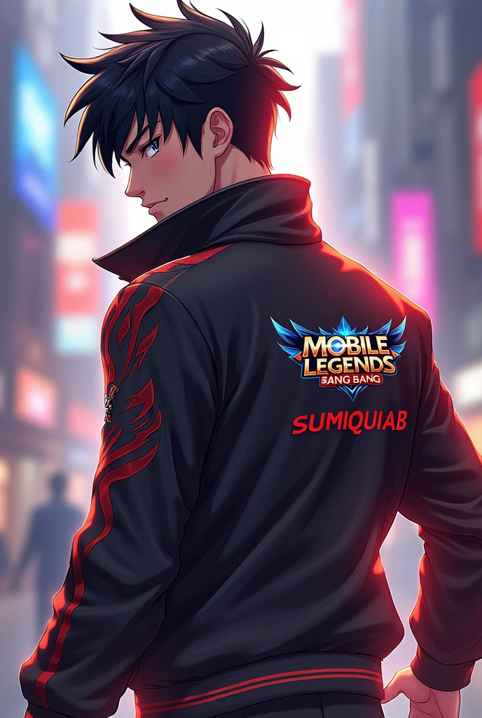 Anime Man not too musculen facing full back like her head sidewearing jacket with the logo of moblie legends bang bang with my last name SUMIQUIAB