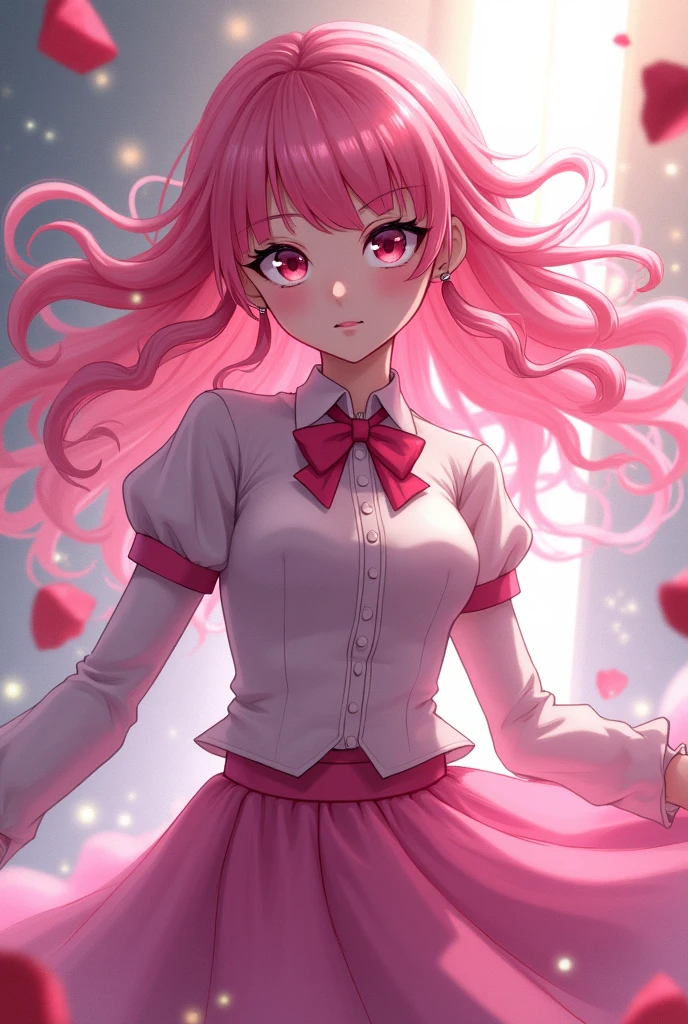 female、Pink and white school uniform、Pink vertical curls with a lot of volume、恋の魔法少female程度の能力、Pale skin、Difficult personality