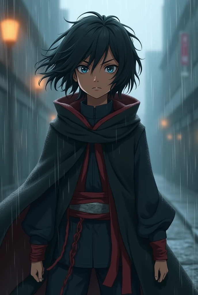 A brown-skinned ager with medium curly hair wearing the Akatsuki cloak in the rain.