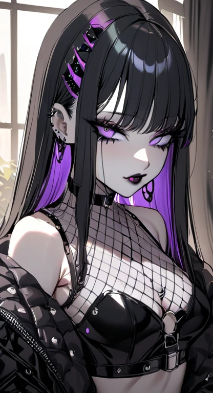 1girl, Holo-Punk Style, goth, masterpiece, best quality, indoors, mascara, lips, eyeliner, pale skin, black hair