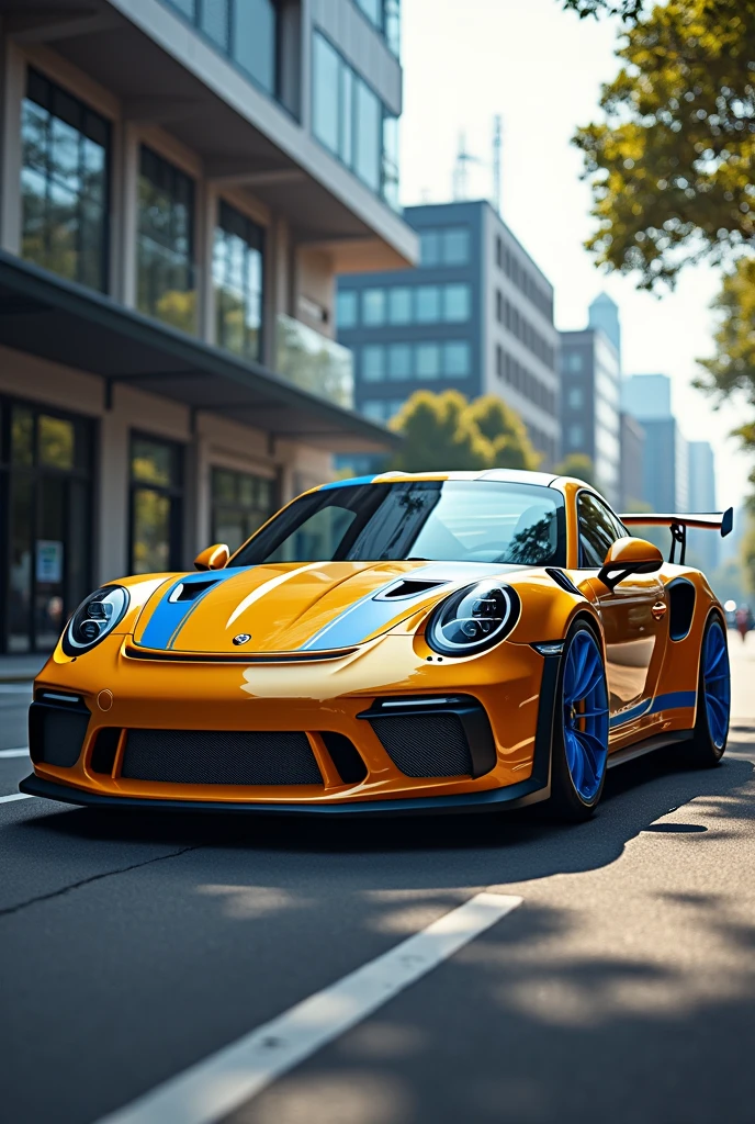 Gold Porsche gt3 rs with blue rims and silver stripes