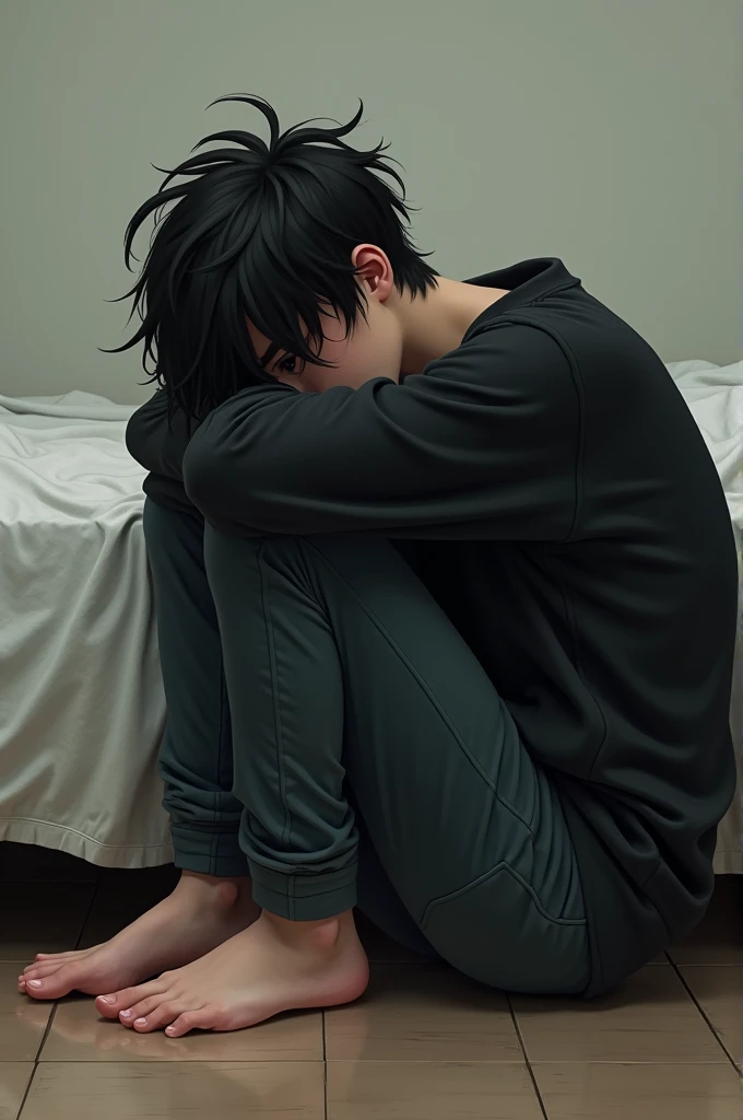 15 year old boy sitting on the floor leaning on a bed, He is wearing a black sweatshirt and has messy black hair., he is covering his face