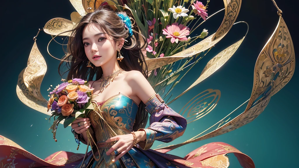 32K, 最高quality, 最高masterpiece, (ultra-Detailed Background, Detailed Background), High resolution, Super detailed, Very detailedな, 1 personの, (bouquet:1.3), (Tangled:1.2), (Geometric:1.2),(colorful),(masterpiece, quality, best quality, Official Art, Beautiful and beautiful:1.2), (1 person:1.3), Very detailed,(colorful:1.1)(Flowers:1.3),Most detailed,(Tangled:1.2), whole body, (Abstract background:1.3), (Skin glows), (Many colors:1.4), ,(Earrings Jewelry:1.5), Blue Background,