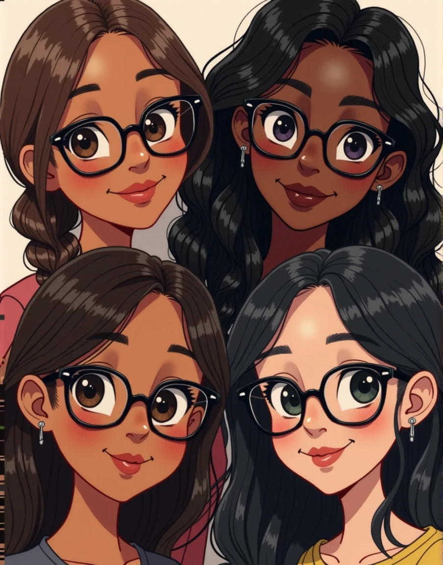 Four girls, The first wears square glasses in dark brown, thick lips and smiling, brown hair in a side braid, they have brown skin. The second girl wears round glasses with thin silver arms, thick lips, black skin and black hair, very curly and long. Third, Caucasian skin, black cat-eye glasses, shoulder length wavy hair, black and with clips, small lips, tem a skin fair. Fourth, Black Square Glasses, skin fair, earrings on the ears, light-makeup, dark brown hair, smooth and long.