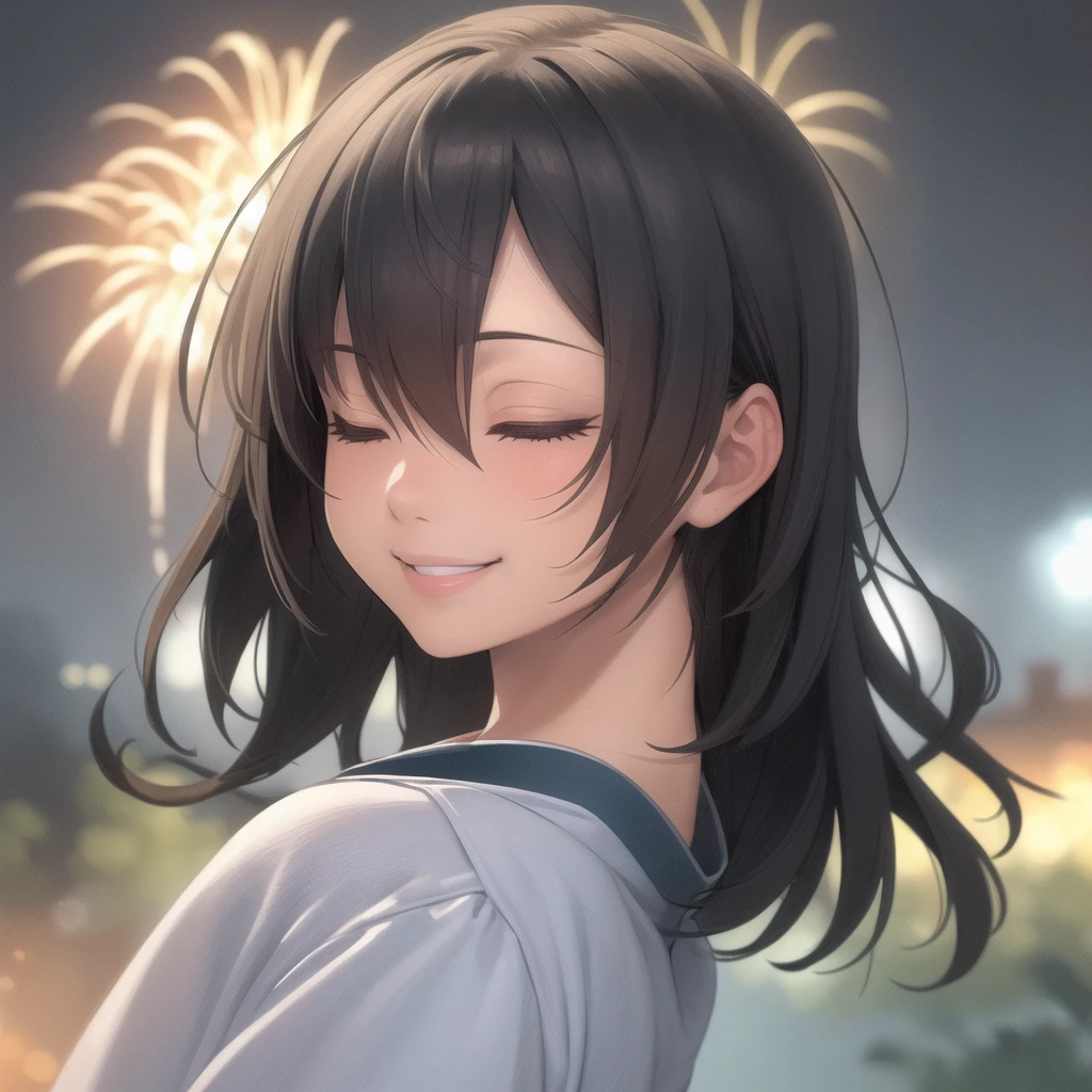 Ridiculous resolution, high resolution, (masterpiece: 1.4), Very detailed, (1 female: 1.3), (Solitary: 1.4), fireworks, Short Bob, Short Bob, kimono, look back, Close your eyes, Smile, Light, Shinkai Makoto style, Super close-up of face, Super detailed illustrations, Bright colors, cinematic Light, exciting Light production, Attention to detail, Bright colors, Hairpin, kimono, Big side breast, look back, Happy, Smile, From below,