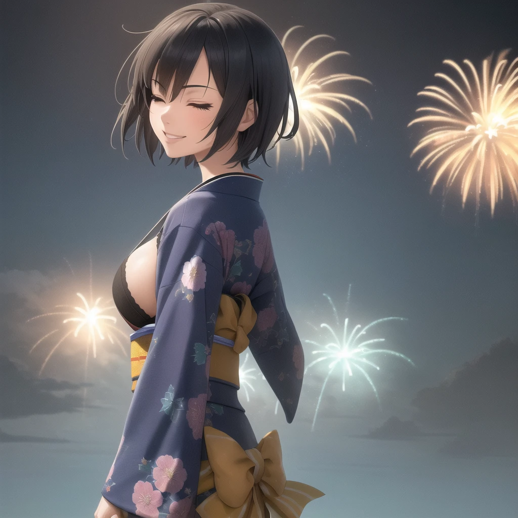Ridiculous resolution, high resolution, (masterpiece: 1.4), Very detailed, (1 female: 1.3), (Solitary: 1.4), fireworks, Short Bob, Short Bob, kimono, look back, Close your eyes, Smile, Light, Shinkai Makoto style, Super close-up of face, Super detailed illustrations, Bright colors, cinematic Light, exciting Light production, Attention to detail, Bright colors, Hairpin, kimono, Big side breast, look back, Happy, Smile, From below,