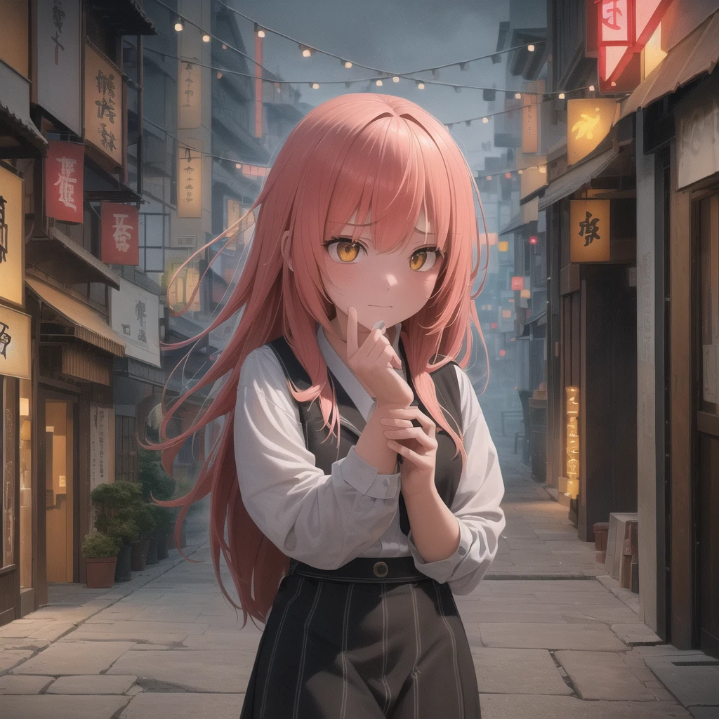 1 Girl, Pink long hair, Red Corner, White collared shirt, Black tie, A faint smile, Yellow eyes, Burning with desire_strength,, architecture,shop,Town streets, Dark sky, landscape,Neon lights,of the night city, Japanese lyrics,, , absurd, Delicate eyes, Extremely detailed, Volumetric Lighting, Practical, Practical lighting, 8K, Movie Lighting, Depth of Field, perfect, Ultra Detailed, photoPractical, ultra Practical, Practical light, Hard lighting, Intricate details, Stop motion, Tone Mapping, Clear focus, Ultra Detailed,