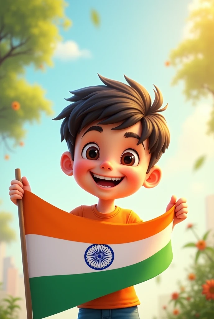 Cartoon boy hold a indian flag and he was smile