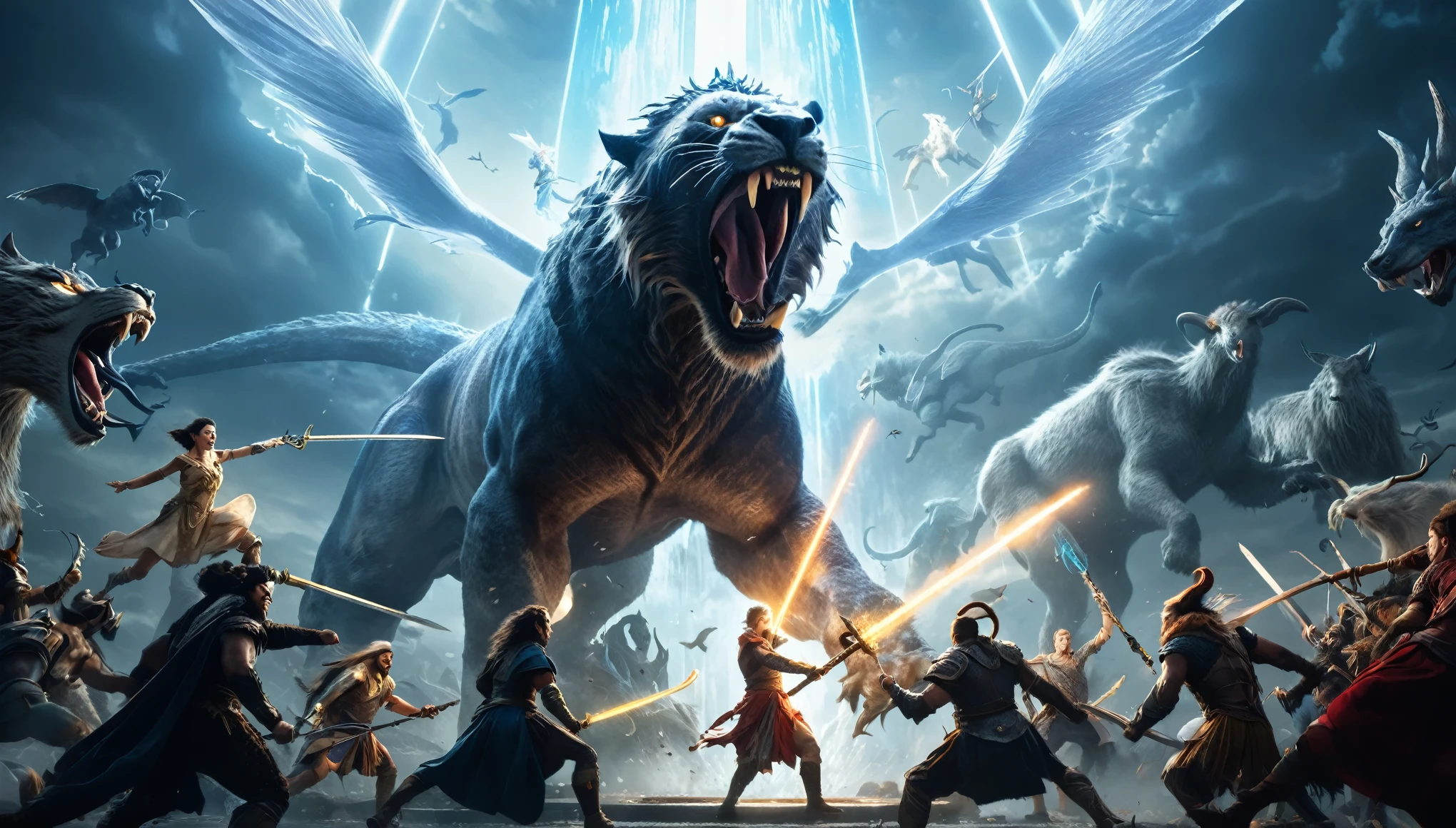 Prompt #2:
An epic battle scene in a different world, the hero at the center wielding a sword that glows with an ethereal light, surrounded by fantastical beasts and allies, mid-action, high tension, Canon EOS R8, wide angle lens