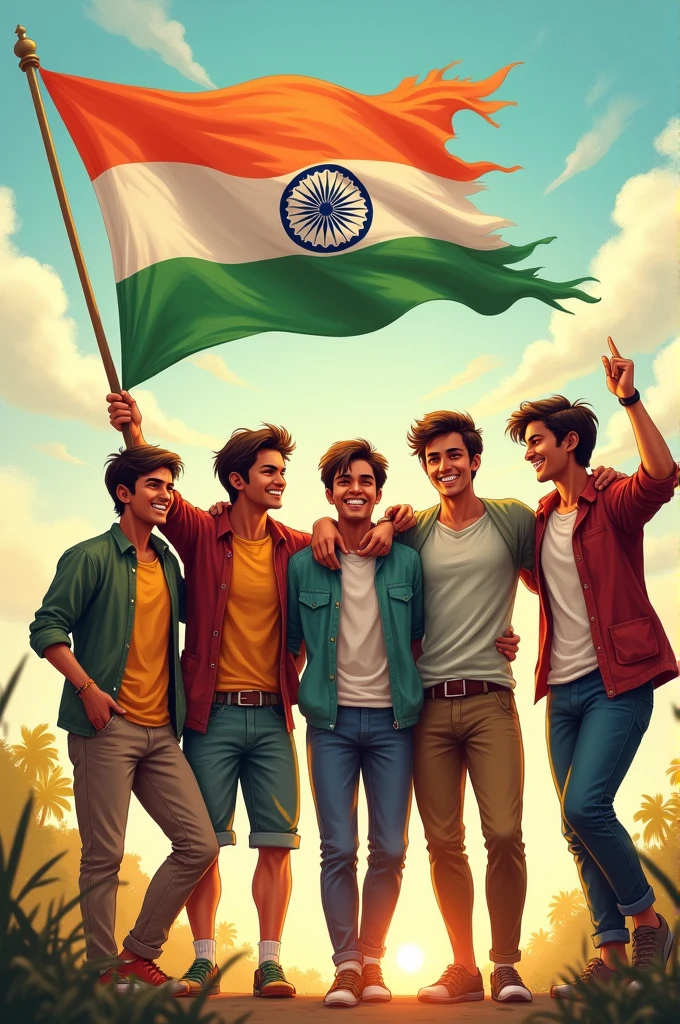 5 boy friends with Indian flag 