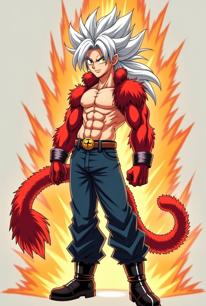 Dragon Ball oc with long white hair,yellow eyes,dark blue jeans by Jin,black boots without a shirt,red monkey tail,red fur on their arms(up to their wrists) back and part of their abdomen(transformed into super saiyan 4)