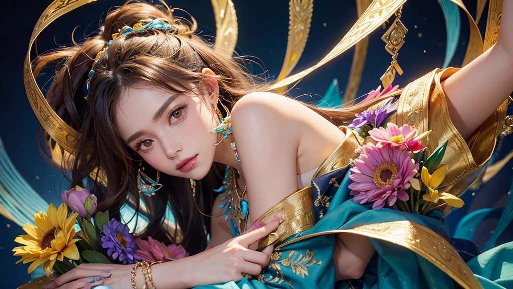 32K, 最高quality, 最高masterpiece, (ultra-Detailed Background, Detailed Background), High resolution, Super detailed, Very detailedな, 1 personの, (bouquet:1.3), (Tangled:1.2), (Geometric:1.2),(colorful),(masterpiece, quality, best quality, Official Art, Beautiful and beautiful:1.2), (1 person:1.3), Very detailed,(colorful:1.1)(Flowers:1.3),Most detailed,(Tangled:1.2), whole body, (Abstract background:1.3), (Skin glows), (Many colors:1.4), ,(Earrings Jewelry:1.5), Blue Background,