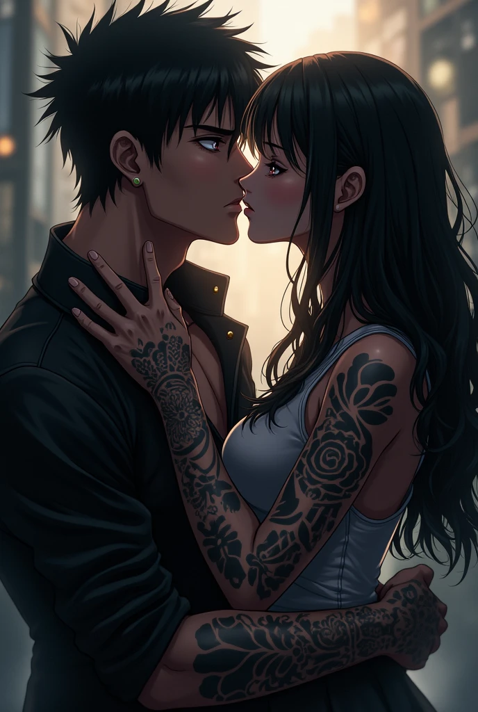 Poster featuring an adult male anime character with a gangster background, who has tattoos on his hand, kissing another person.