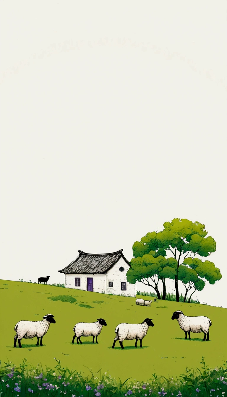 Sky accounts for 3%/4，75%Blank.中国水墨画sketch：Light Ink，Lowercase，sketch，artistic conception:2.point，sheep on grass，Small house in the distance，Minimalism，purples and greens，White background。(((Negative Space:2,大面积Blank:2, Bottom left composition)))
