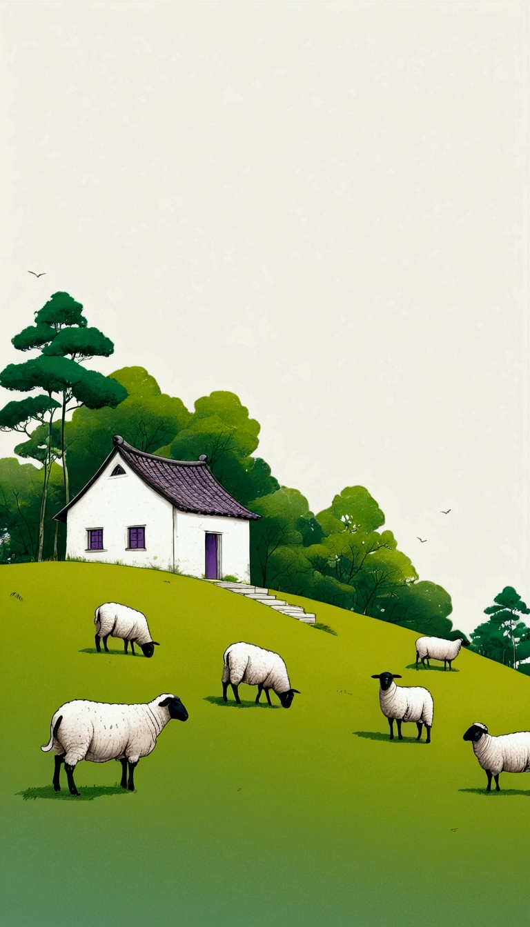 Sky accounts for 3%/4,75%Blank.中国水墨画sketch:Light Ink,Lowercase,sketch,artistic conception:2.point,sheep on grass,Small house in the distance,Minimalism,purples and greens,White background。(((Negative Space:2,大面积Blank:2, Bottom left composition)))
