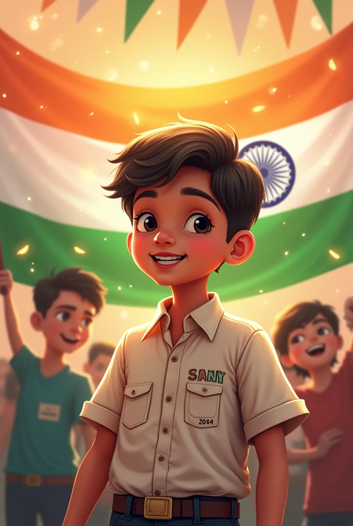 Background indian flag
1 boy"SANY"enjoy independence Day on indian formal shart front side name "SANY "15 AUGUST 2024