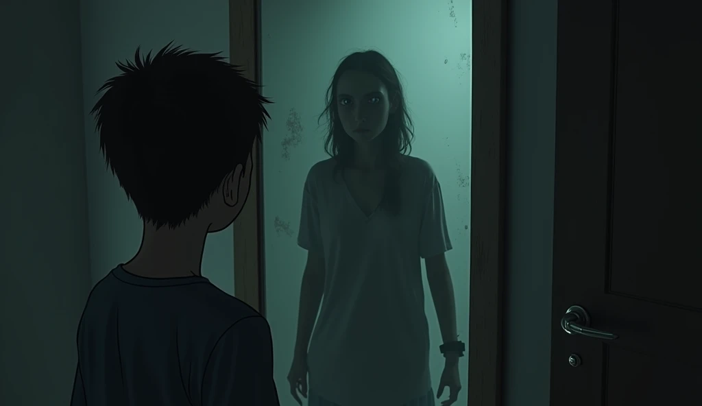 6. An old woman's shadow appeared behind him, with a pale face and empty eyes: When Andi looked in the mirror, calling his friends. Andi was startled and shouted, Seeing an Old Woman's Shadow in the Mirror
- Scene 6.
(Teenage Players : Andi and Budi are boys, Rina and Siska are girls)