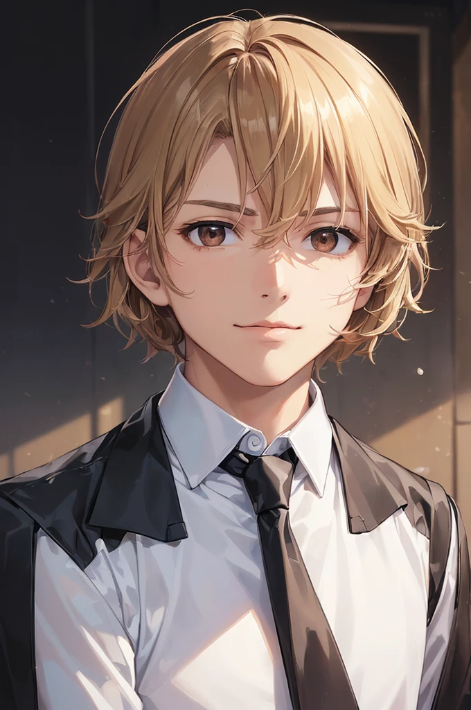 (((masterpiece; best quality: 1.2))), (detailed eyes: 1.3), ((ung man)), ((solo)), (brown eyes: 1.4), (body shape; lean, masculine, manly: 1.3), (short blond hair: 1.3), (clear background: 1.2), ((depth of field)), (equipment: male school uniform + black jacket + black necktie + white shirt: 1.3), (anime illustration: 1.2), (background composition; japanese highschool classroom + furniture: 1.1), (handsome: 1.1), (shot composition; standing + centered on face + close-up: 1.5), (facial expression; calm + smirk: 1.2)