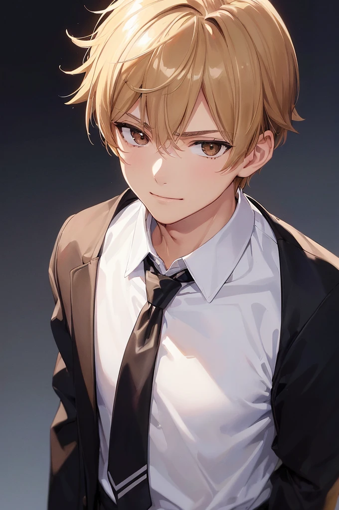 (((masterpiece; best quality: 1.2))), (detailed eyes: 1.3), ((ung man)), ((solo)), (brown eyes: 1.4), (body shape; lean, masculine, manly: 1.3), (short blond hair: 1.3), (clear background: 1.2), ((depth of field)), (equipment: male school uniform + black jacket + black necktie + white shirt: 1.3), (anime illustration: 1.2), (background composition; japanese highschool classroom + furniture: 1.1), (handsome: 1.1), (shot composition; standing + centered on face + close-up: 1.5), (facial expression; calm + smirk: 1.2)