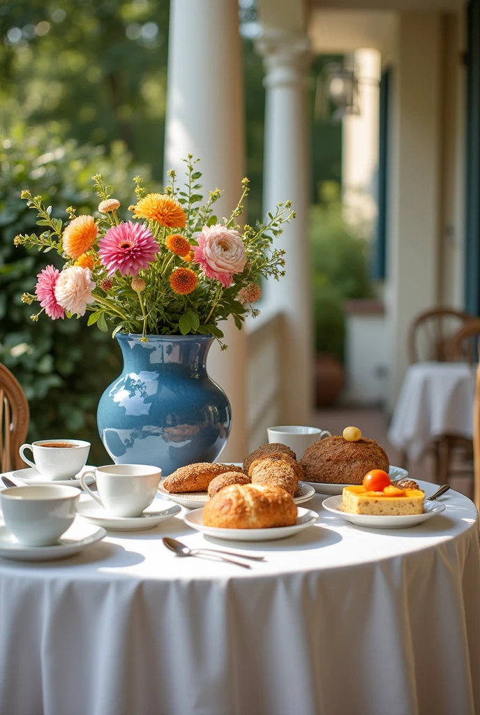 Table with a white tablecloth and a beautiful blue vase with flowers, coffee cups, bread, cakes, and fruit on a European veranda.