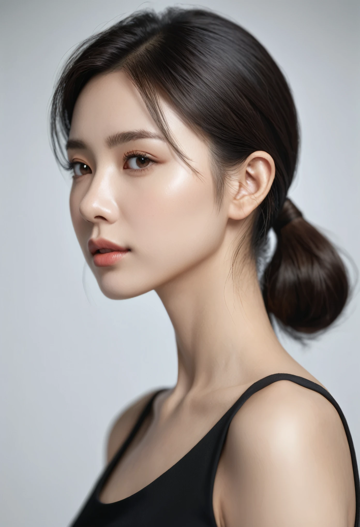 ((Best Quality, 8K )),  A young cute profile woman, photorealistic, side view, portrait, ultra realistic, high detailed, high detailed skin, high quality, black dress