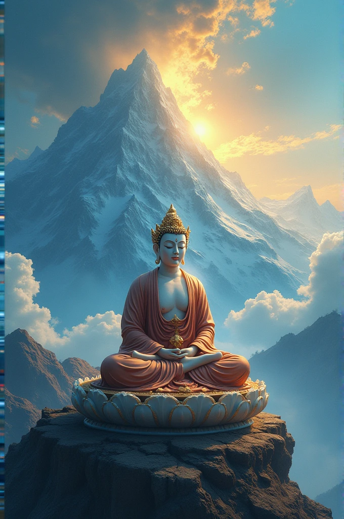 Buddha Manjushri seated on a mountain surrounded by blue and golden light