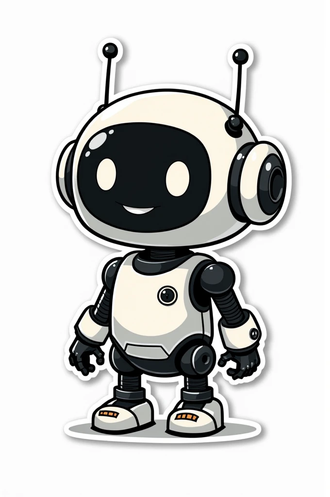 Generate an anime sticker of a black chibi robot, with borders and white background