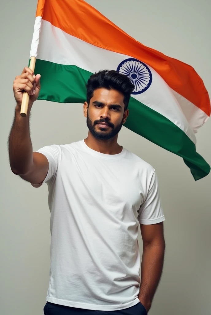 A 30 year old man holding an Indian flag in his hand and having Chetram Bairwa written on his T-shirt 