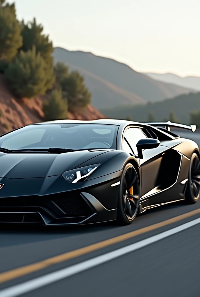 Dimensions 1242x2688 pixels，Lamborghini Aventador supercar，black，Aquarius，Cool，Handsome。Telephoto，On the side，It's driving on the road，Ultra HD 4k8k resolution，webp