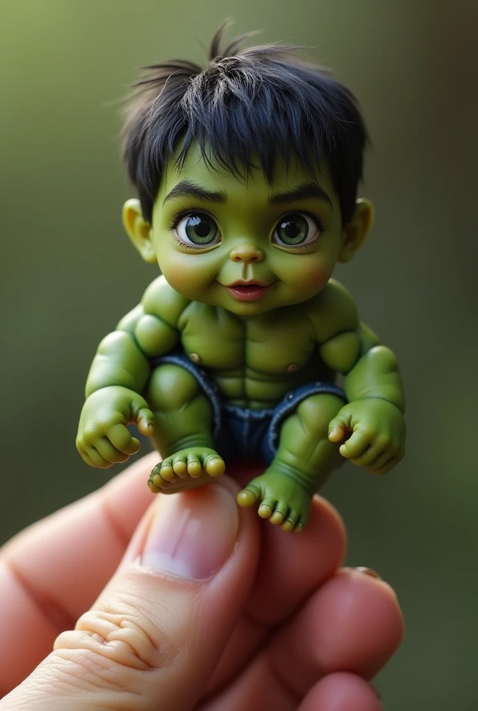 photorrealistic, 8k, Micro Tiny baby [hulk] perched on a human finger