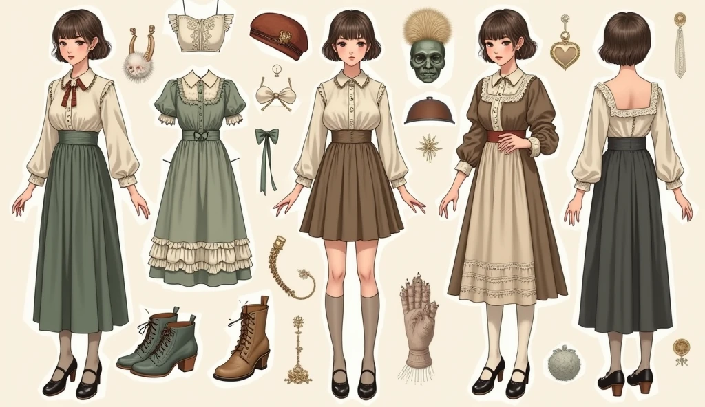 ((best quality)), ((masterpiece)), (detailed), 1 girl, full body, look like John H. Watson, a paper doll with a bunch of different outfits and accessories on it's side, character sheet, concept art, 1girl, kneehighs, looking_at_viewer, standing