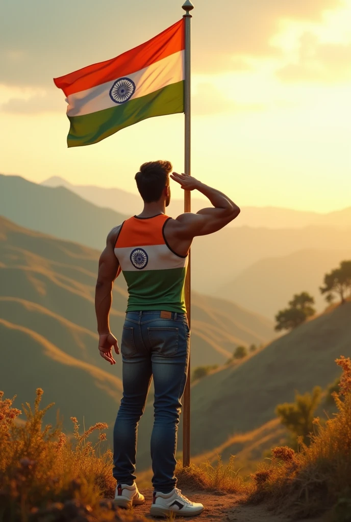 A young bodybuilder man with India flag t-shirt saluting the Indian flag  far on hills 