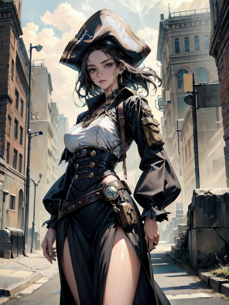 absurdres, RAW photo, extremely delicate and beautiful, masterpiece, Best Quality, ultra high resolution, 32k, hyper realistic, ultra-detailed, Very detailed CG 8k wallpaper, detailed background, landscape, Beautiful Lighting, Perfect Lightning, Realistic Shadows, perfect anatomy, anatomically correct, ideal ratio body proportions, perfect figure, Perfect Style, Perfect balance, super Detailed skin, in her 30s, very Slim body, narrow waist, very small head, very small face, delicate facial features, handsome detailed woman, very detailed eyes and face, realistic face proportions, Realistic beautiful face, Realistic beautiful eyes, tearful mole, earring, very huge round tits, medium short hair, asymmetrical hair, wavy hair, outdoor, (cowboy shot), steampunk, Practical pirate clothing, Long-sleeved pirate top, Skirt, Torn pirate hat,
