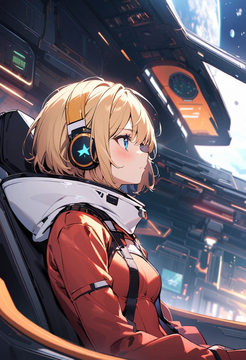 ( short hair, street, Emo, Blonde, Blue Eyes, ,headphone,eyeliner, Apocalypse, , internal (cockpit) of (Futuristic spaceship:1.6), , blush,Sit on a chair, Covered navel, Space Helmet, Mvrów, Space Helm, Plug Suit , Space Helmet, Eva Helm,Red bodysuit, short hair, From the side,Upper Body,close,Looking this way、background moving at high speed、
