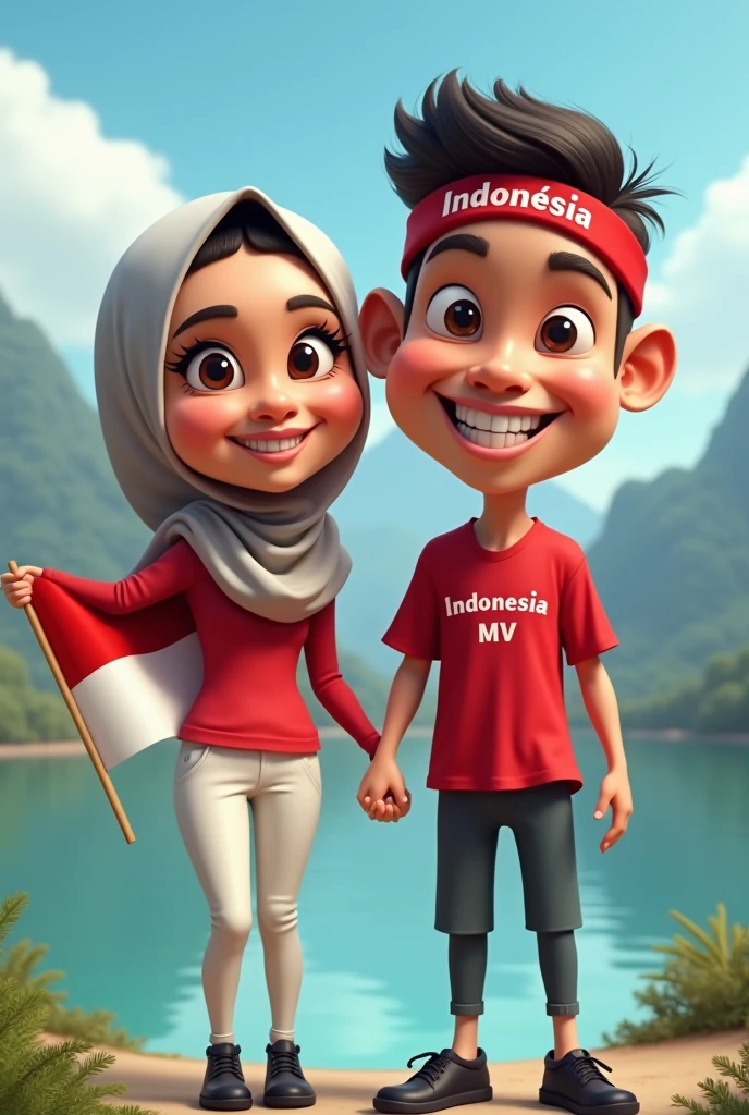 5D caricature of a woman in a hijab and a 23-year-old Indonesian man wearing a red headband with writing "Indonesia", smiling sweetly. Indonesia, Indonesian woman wearing a red shirt with " Indonesia MV ", and white pants and black shoes is holding an August Indonesian flag. with a mountainous and lake backdrop.