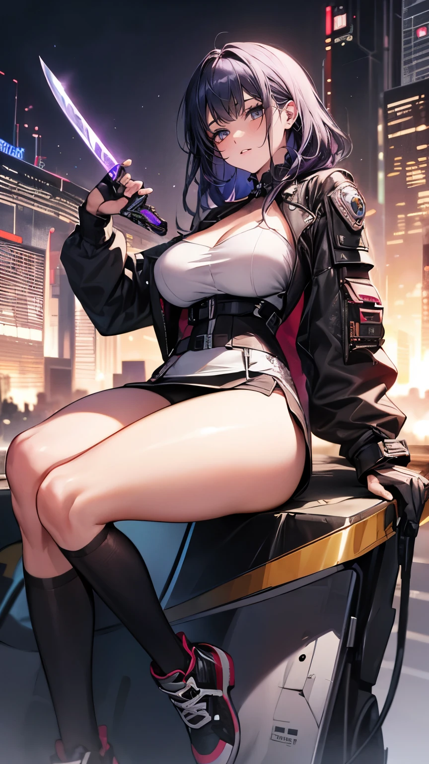 (Very delicate and beautiful:1.2)super model,,Beautiful breasts,voluptuous,【bike shorts】,,Highest quality, High resolution, 8k,mini skirt.cyber punk.Mechanical Sword