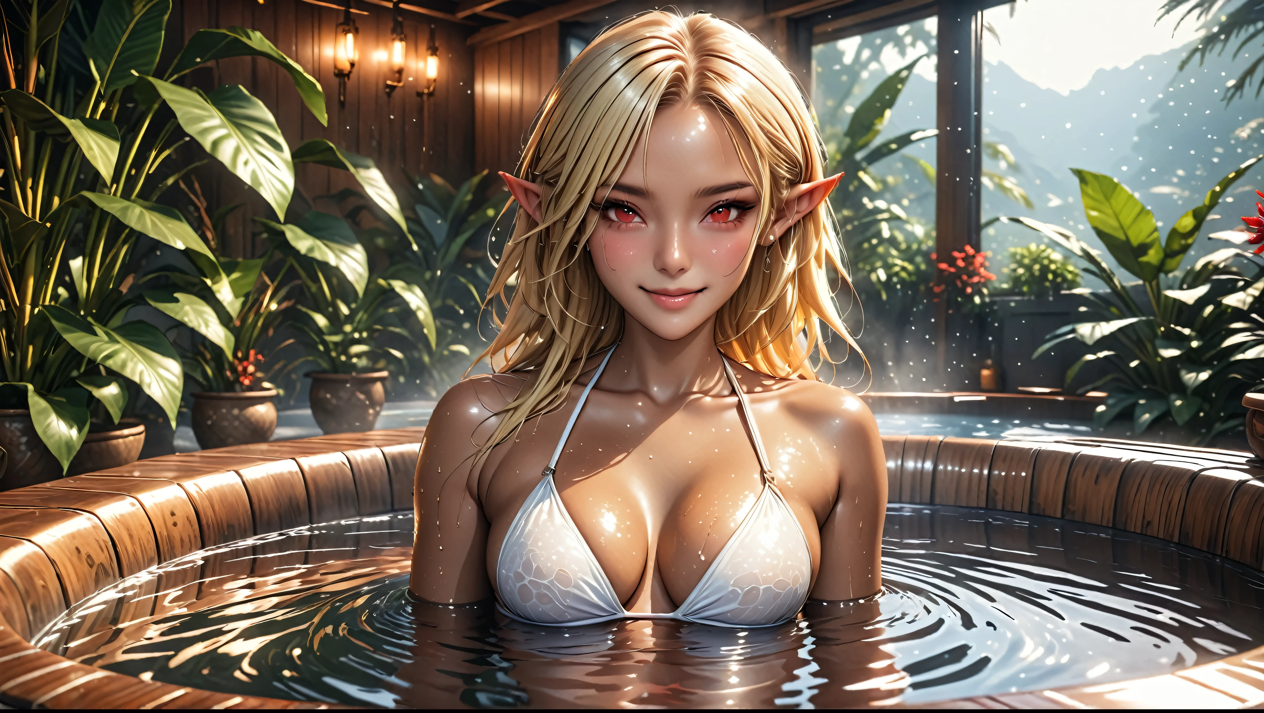 (elf girl with dark skin and blonde hair:1.0), red eyes, wet skin, (slightly see-through white bikini), (smile:1.0), (detailed skin texture, realistic skin pores,:1.0), 24k resolution, highly detailed, (natural front light:0.5), (full body shot:1.5), bathing in a hot tube in a room