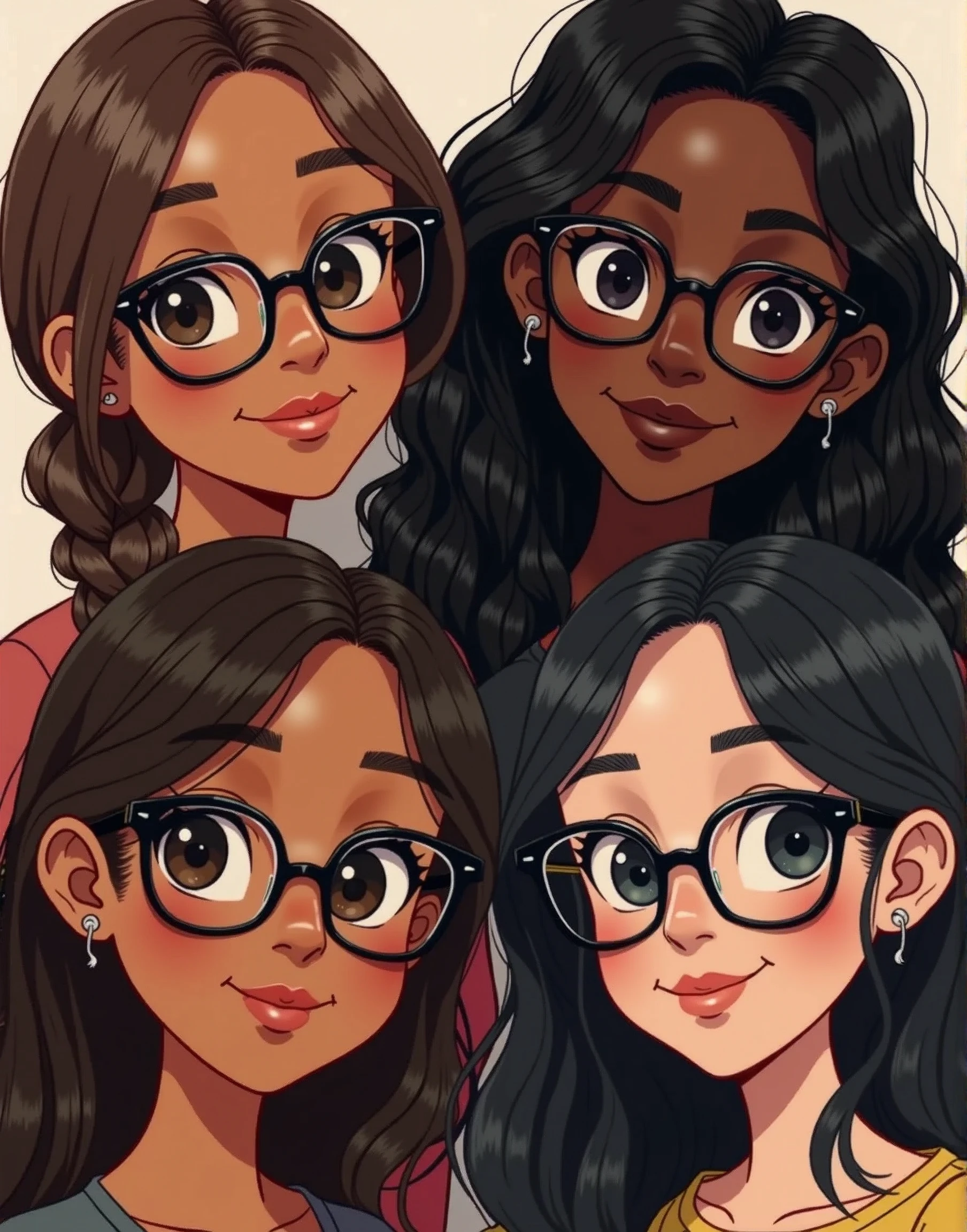 Four girls, The first wears square glasses in dark brown, thick lips and smiling, brown hair in a side braid, they have brown skin. The second girl wears round glasses with thin silver arms, thick lips, black skin and black hair, very curly and long. Third, Caucasian skin, black cat-eye glasses, shoulder length wavy hair, black and with clips, small lips, tem a skin fair. Fourth, Black Square Glasses, skin fair, earrings on the ears, light-makeup, dark brown hair, smooth and long.