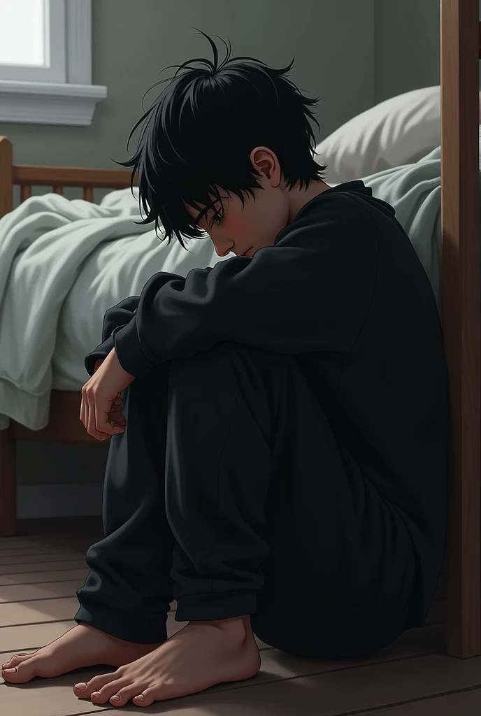 15 year old boy sitting on the floor leaning on a bed, He is wearing a black sweatshirt and has messy black hair., They are turning left and their face is not visible. (realistic)