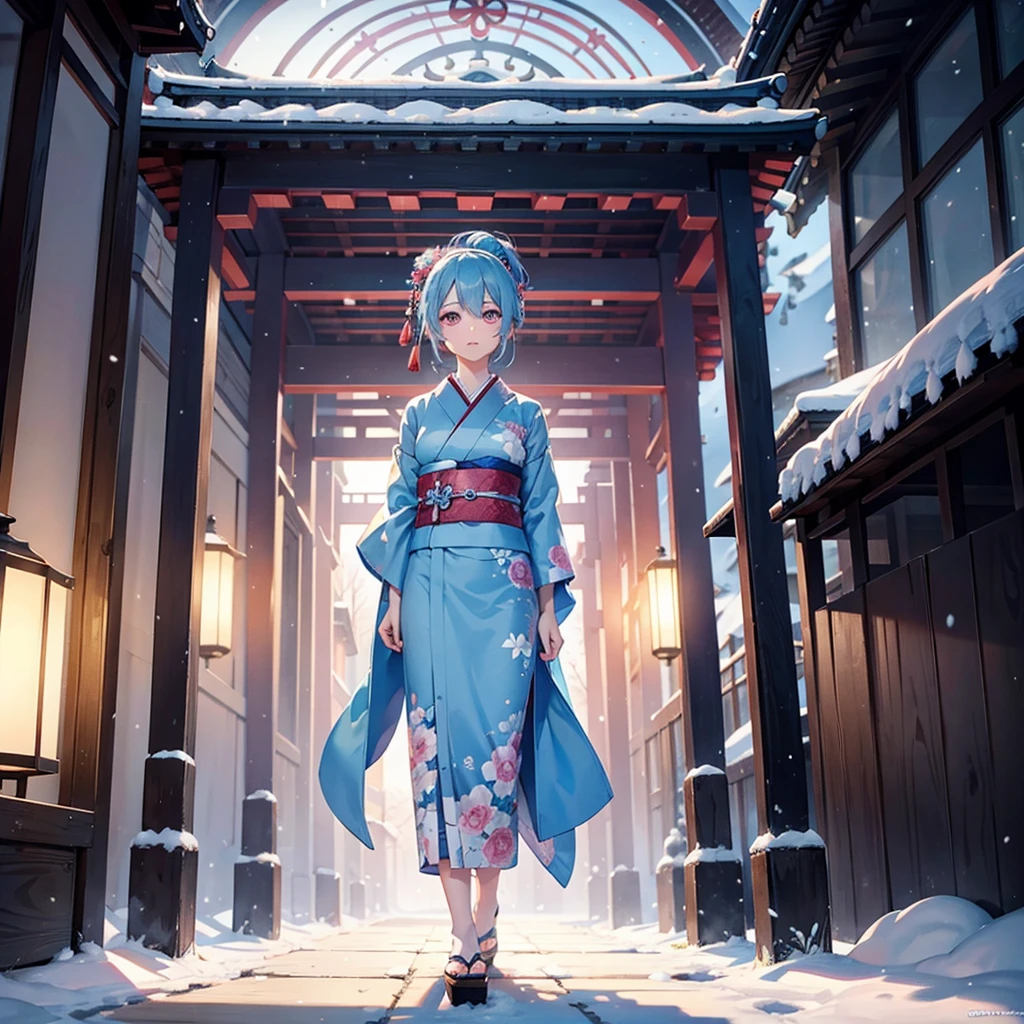 (Sky blue hair tied in a single strand),(Pink Eyes),Fair Skin,Full Body,Alone,Snowy Night,Drawing a divine lot at a temple,japanese kimono,Masterpiece, Top Quality, Very Detailed, Best Shadows,Detailed Background,Beautifully Detailed Face,High Contrast,Best Lighting, Very Delicate and Beautiful,Cinematic Light,Hyper Detail,8k,Dramatic Light,Exquisite Detail,