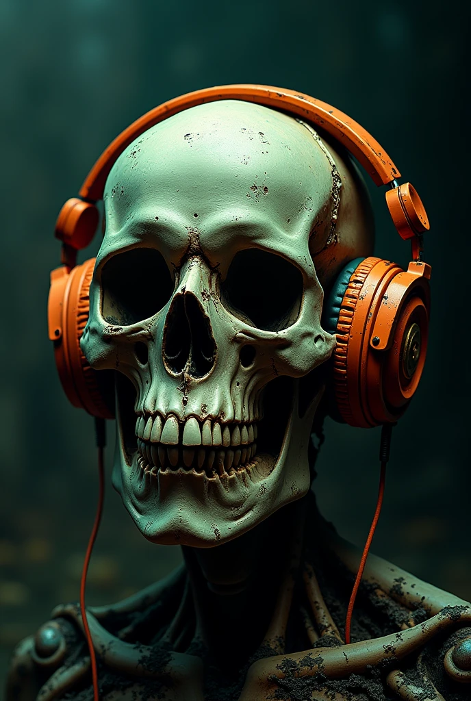 I need an image of a skull with headphones, that the colors are strong like green, orange or that type. that the skull has a face of abandonment as if it were carried away by the wind, the background that is not black