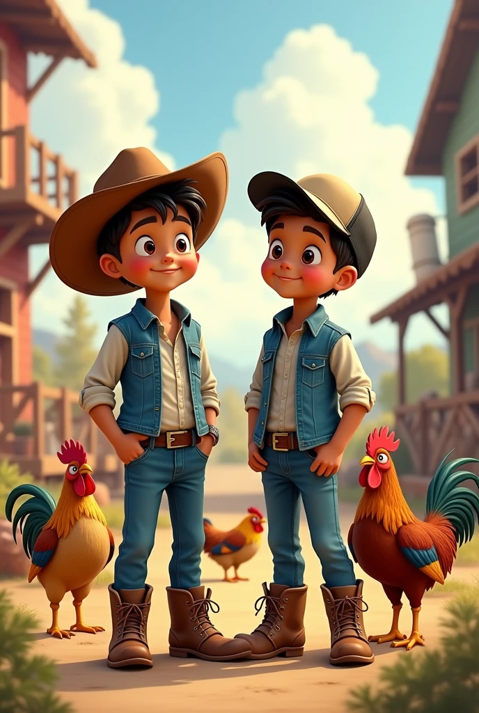 disney style, 
two brothers, children, teenagers, 
light brown skin,One with a cowboy hat, the other with a cap, Boots, denim shirt, blue jeans, several pet fighting cocks, farm background 
