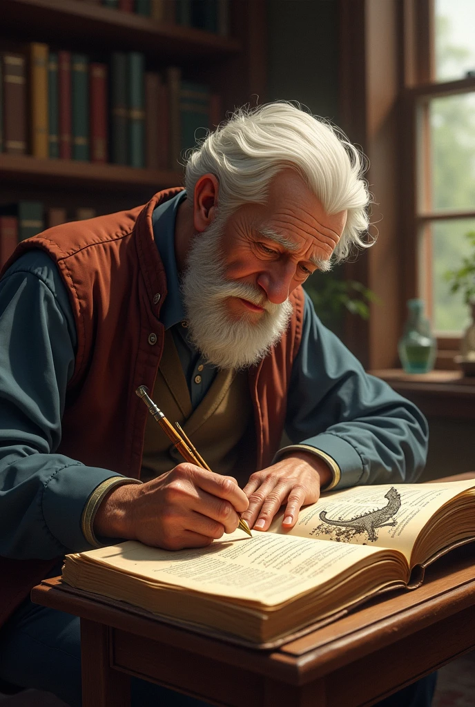 Thomas, Now older, he is seen writing in his own manuscript, creating new stories inspired by what he read. In a corner of the page, a dragon is drawn.